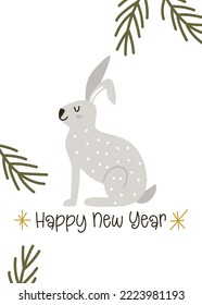 The rabbit on the New Year card 2023 in the Scandinavian style. Christmas greeting poster