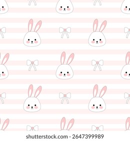 Rabbit on pink and white background , fabric pattern , gift wrapping paper, pink lines, seamless pattern 