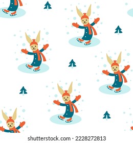 Rabbit on the rink. A cheerful rabbit is skating surrounded by forest and snowfall. Seamless vector pattern on a white background. Vector illustration