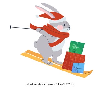 A rabbit on skis is carrying gifts. Sports hare in a scarf. Isolated on white background.Flat vector illustration. Eps10