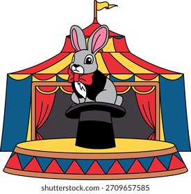 Un conejo en un escenario frente a una carpa de circo