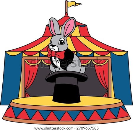 A rabbit on a stage in front of a circus tent