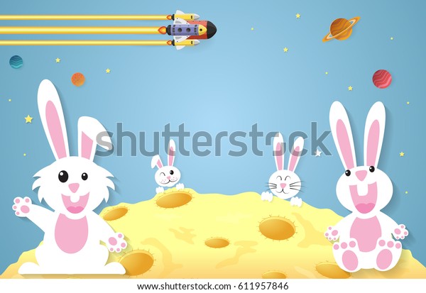 Rabbit on the surface of the full\
moon,spaceship in\
space.vector