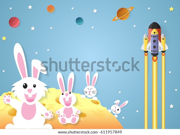 Rabbit on the surface of the full\
moon,spaceship in\
space.vector