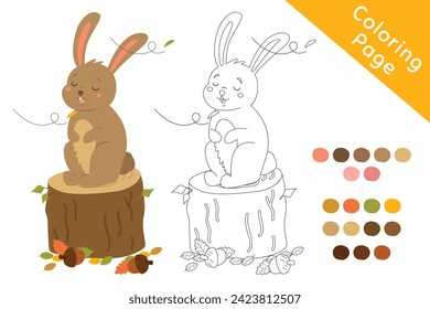 Rabbit on top of a tree stump enjoying wind, black and white outline cartoon vector for coloring page. Printable coloring page template cartoon vector.