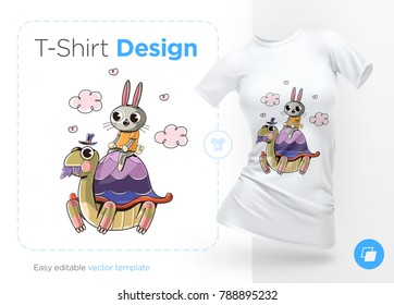 Rabbit on turtle. Prints on T-shirts, sweatshirts, cases for mobile phones, souvenirs. Isolated vector illustration on white background.