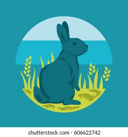 Rabbit in one color sitting on a meadow. Vector Image. Animal on a round background. Illustration with blue background