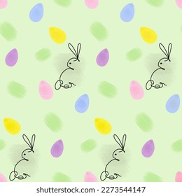 Rabbit in one continuous line and colorful watercolor Easter eggs on a bright background with hand drawn elements.