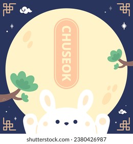 A rabbit with open arms in front of the Chuseok full moon.