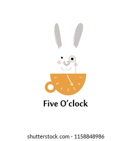 Rabbit in a orange cup.Time to drink tea, five o'clock. Monocle. Icon, logo for cafe