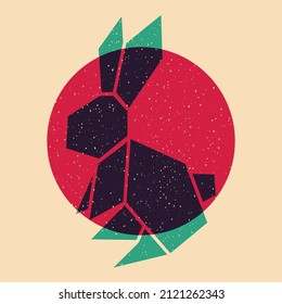 Rabbit origami. Colorful cute screen printing effect. Riso print effect. Vector illustration. Graphic element  for fabric, textile, clothing, wrapping paper, wallpaper, poster.