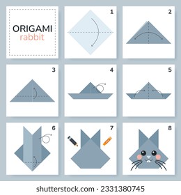 Rabbit origami scheme tutorial moving model. Origami for kids. Step by step how to make a cute origami bunny. Vector illustration.