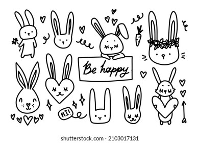 rabbit outline character set. Cute line animals drawing 