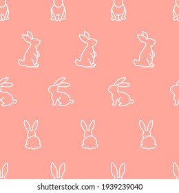 Rabbit Outline In Doodle Style Seamless Pattern On Peach Background For Fashion Print, Gift Wrapping, Wallpaper Etc 