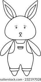 Rabbit in overalls cute pet doodle linear cartoon coloring book