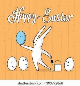 Rabbit Paint Egg With Cartoon Face Happy Easter Holiday Banner Greeting Card Wooden Texture Background Vector Illustration