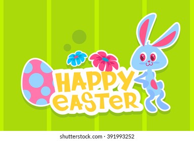 Rabbit Painted Eggs Happy Easter Bunny Holiday Banner Colorful Greeting Card Flat Vector Illustration