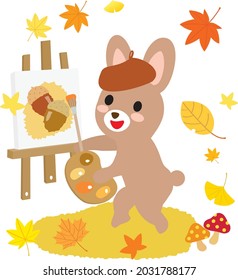 A rabbit painting the picture in autumn of the art