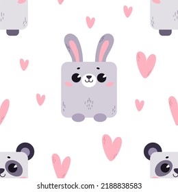 Rabbit And Panda With Hearts. Pattern With Cute Cartoon Animals. Kawaii Children's Print With Pets. Vector Illustration For Fabric, Paper, Wallpaper, Packaging