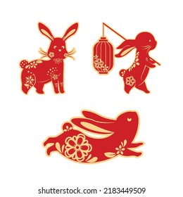 Rabbit Paper Cut China Style  Icons Flat Cute Classical Flowers 