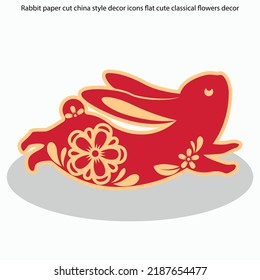 Rabbit paper cut china style decor icons flat cute classical flowers decor