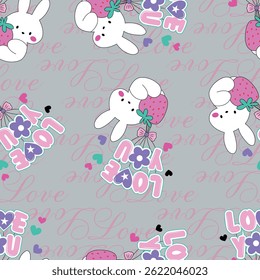Rabbit pattern with balloons and strawberries on a gray background seamless pattern