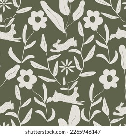 Rabbit pattern with floral and leaves. Easter concept. Trendy pattern. Can be used as wallpapers, wrapping paper, cards, etc. Hygge style.