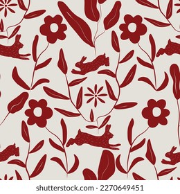 Rabbit pattern with floral and leaves. Easter concept. Trendy pattern. Can be used as wallpapers, wrapping paper, cards, etc. Hygge style.