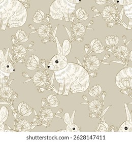 Rabbit pattern with flowers, seamless design