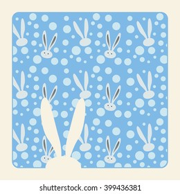 Rabbit pattern with frame. Rabbit head silhouette with ears on blue ornamental background. Vector illustration pattern. Template for Art, Print, Fashion, Fabric, Web design.