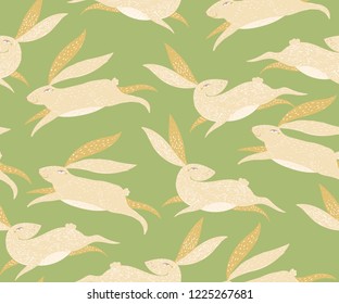Rabbit pattern. Hare animal illustration. Vector seamless green bunny lapin background.