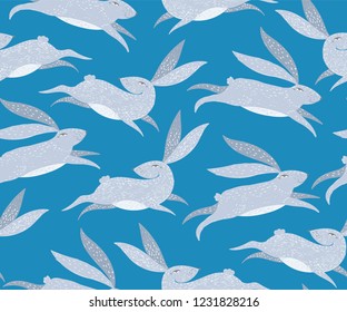 Rabbit pattern. Hare animal illustration. Vector seamless blue bunny lapin background.