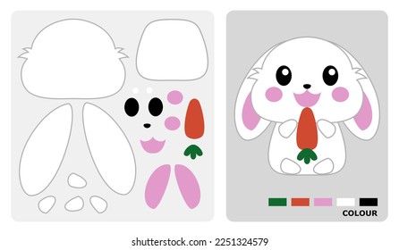 Rabbit pattern for kids crafts or paper crafts. Vector illustration of bunny puzzle. cut and glue patterns for kindergarten crafts.