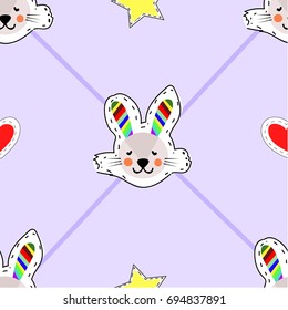 rabbit pattern seamless pattern heart star lines blue background vector illustration 