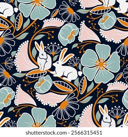 rabbit pattern silhouettes style and hand draw line