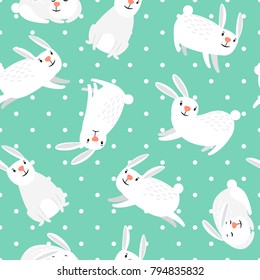 Rabbit pattern. White bunny on green vector easter seamless background for child breakfast print