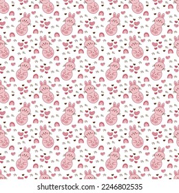 Rabbit pattern1. Seamless pattern with cute rabbits, hearts and rainbows. Doodle cartoon color vector illustration.