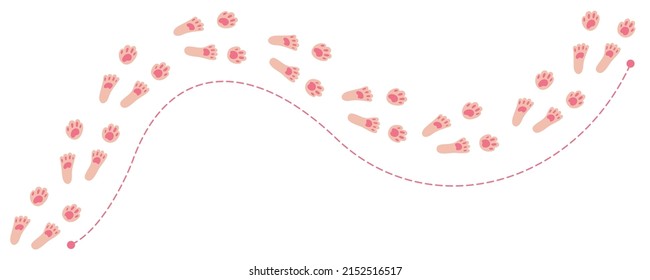 Rabbit paws. Bunny footprint way. Trail of animal tracks for egg hunt map. Easter pattern. Vector illustration on white background