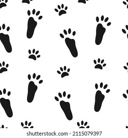 Rabbit paws. Seamless pattern with black footprints of hare on white background.