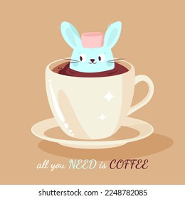 Rabbit peeking out of Coffee cup. Coffee Bunny. Tasty dessert drink. A cup of hot chocolate all Coffee with Marshmallows. Vector illustration.