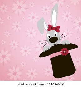 Rabbit peeking out of a hat on a pink background with flowers