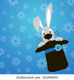 Rabbit peeking out of a hat on a blue background with flowers