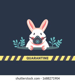 Сute rabbit peeps out of a hole during quarantine of Coronavirus Covid-19. A bunny in a respirator and medical mask. Vector flat illustration about social distancing self-isolate. Stay home. Stay safe