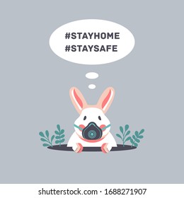Сute rabbit peeps out of a hole during quarantine of Coronavirus Covid-19. A bunny in a respirator and medical mask. Vector flat illustration about social distancing self-isolate. Stay home. Stay safe