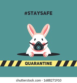 Сute rabbit peeps out of a hole during quarantine of Coronavirus Covid-19. A bunny in a respirator and medical mask. Vector flat illustration about social distancing self-isolate. Stay home. Stay safe