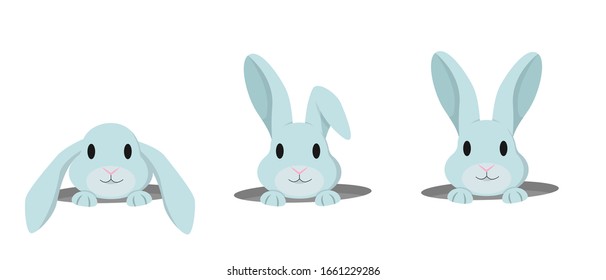 Rabbit peeps out of hole. Vector set of cute bunnies in cartoon style.