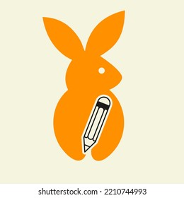 Rabbit Pencil Logo Negative Space Concept Vector Template. Rabbit Holding Pencil Symbol