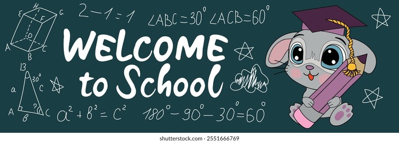 Rabbit with a pencil on the background of a school board. Design elements on a school theme. Pythagorean theorem. Vector illustration of educational concept.