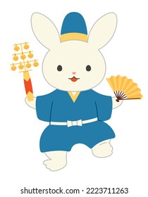 A rabbit performing a kabuki dance with a bell and a folding fan