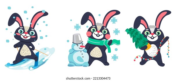 Rabbit personage having fun in winter, isolated hare skiing from slope, sculpting snowman outside and preparing for xmas and new year. Bunny with tree. Cartoon character symbol of 2023 year, vector 